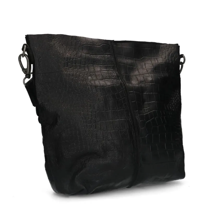 Manfield Zwarte leren shopper met crocoprint^ Handtassen