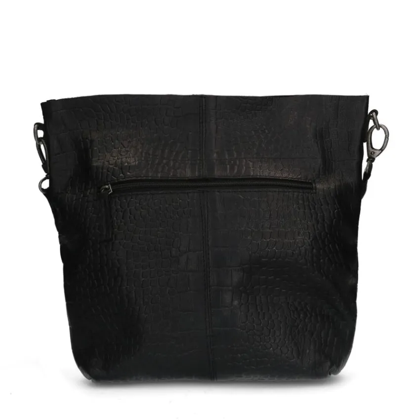 Manfield Zwarte leren shopper met crocoprint^ Handtassen