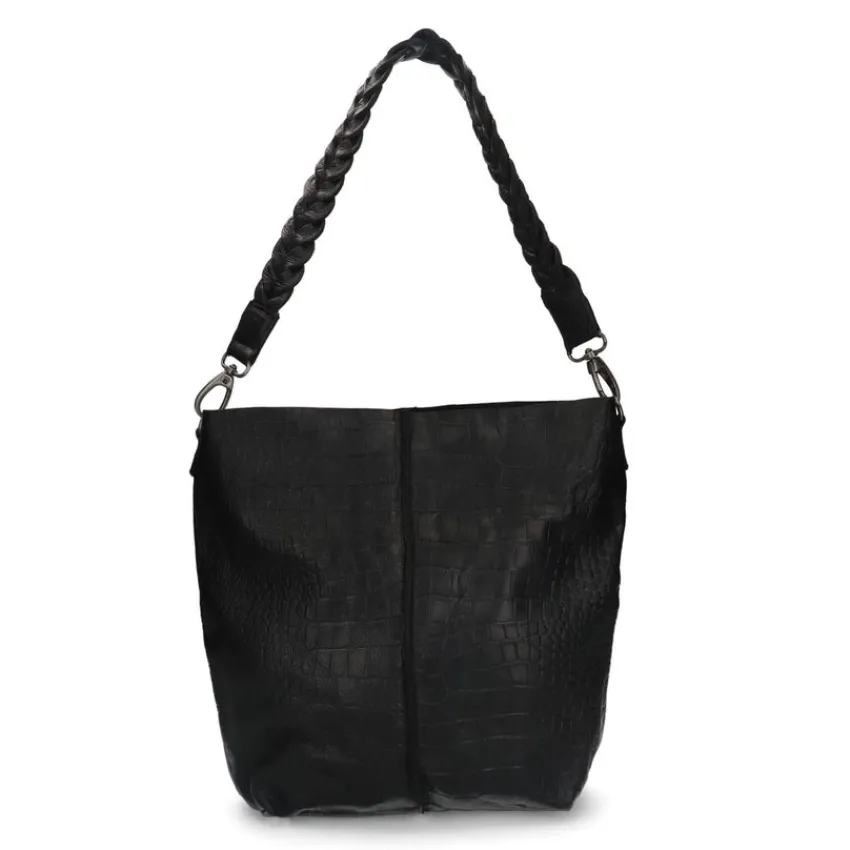 Manfield Zwarte leren shopper met crocoprint^ Handtassen