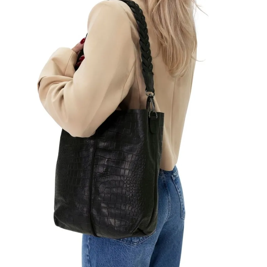 Manfield Zwarte leren shopper met crocoprint^ Handtassen