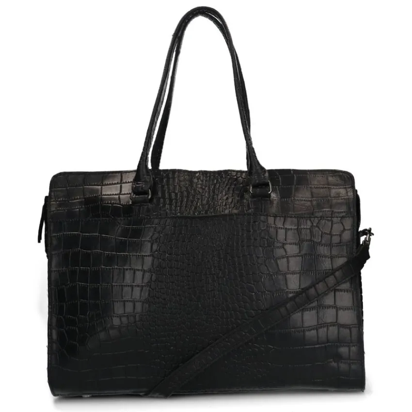 Manfield Zwarte leren shopper met crocoprint^ Shoppers
