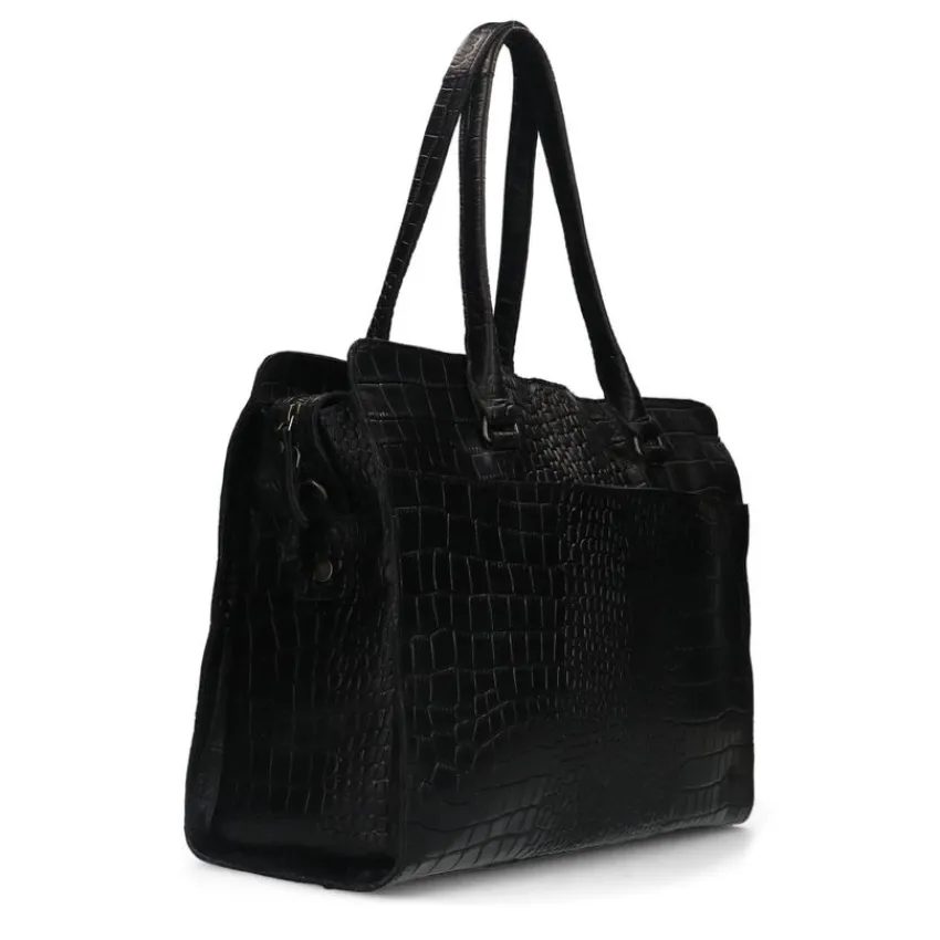 Manfield Zwarte leren shopper met crocoprint^ Shoppers