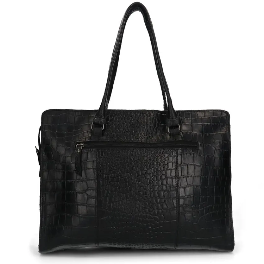 Manfield Zwarte leren shopper met crocoprint^ Shoppers