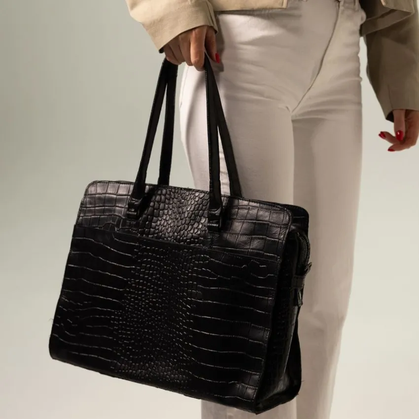 Manfield Zwarte leren shopper met crocoprint^ Shoppers