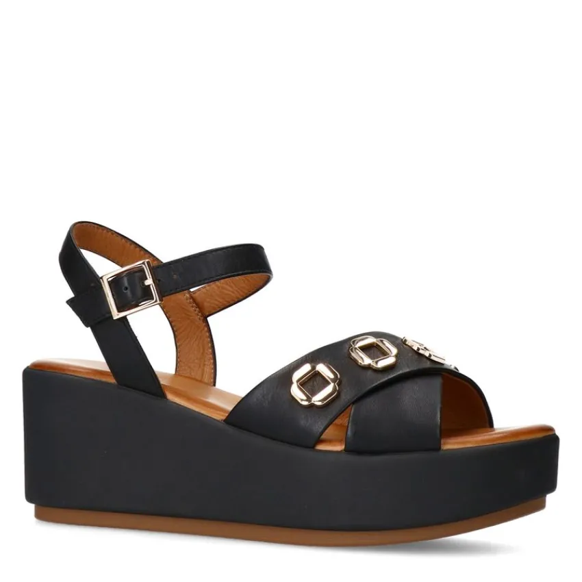 Manfield Zwarte leren sleehakken^DAMES Espadrilles|Sandalen