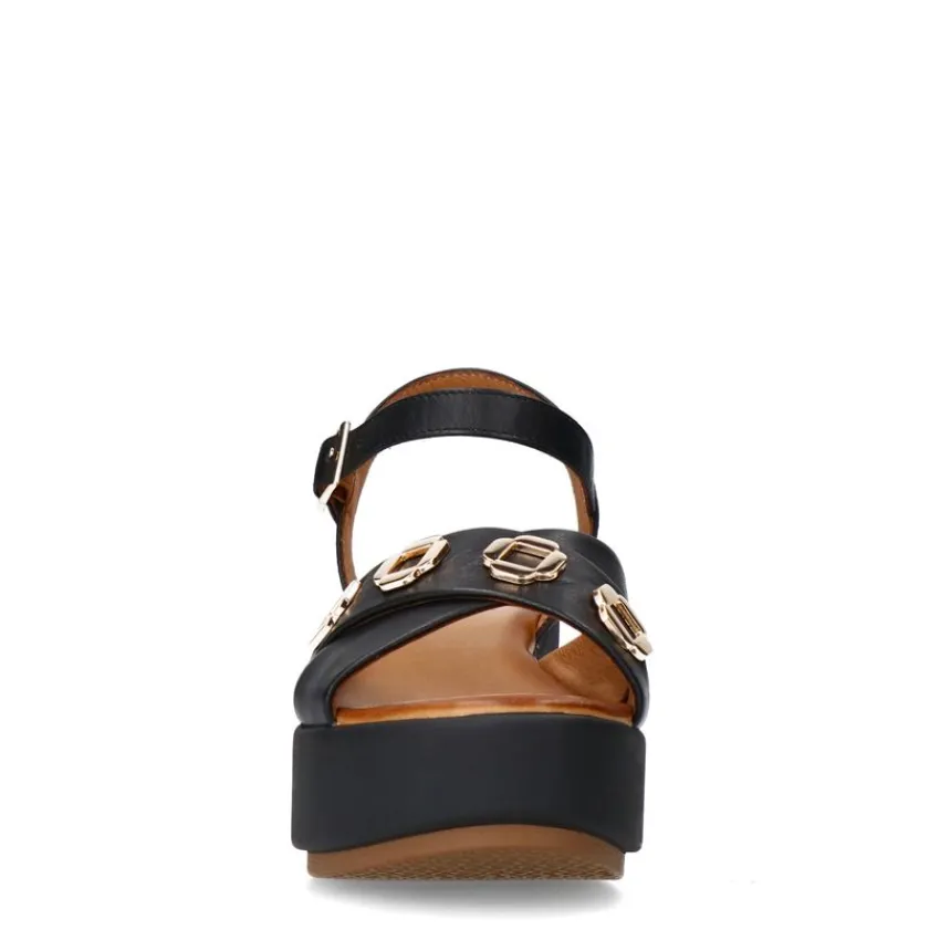 Manfield Zwarte leren sleehakken^DAMES Espadrilles|Sandalen