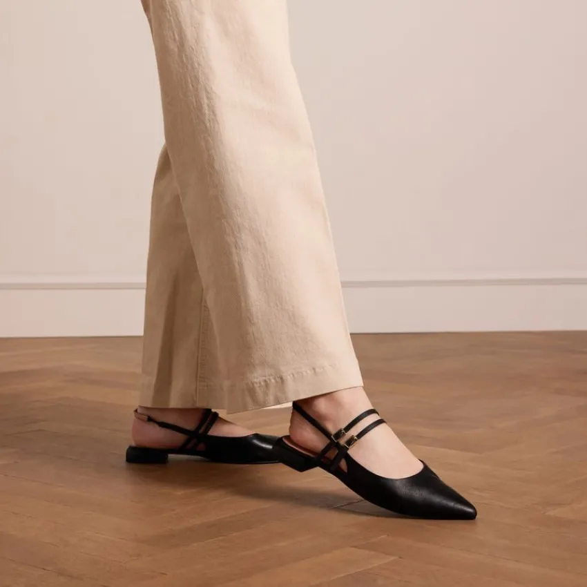 Manfield Zwarte leren slingbacks met dubbele bandjes^DAMES Pumps|Slingbacks
