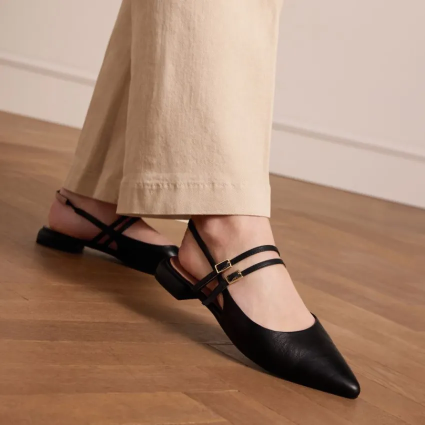 Manfield Zwarte leren slingbacks met dubbele bandjes^DAMES Pumps|Slingbacks