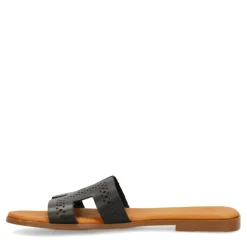 Manfield Zwarte leren slippers^DAMES Slippers