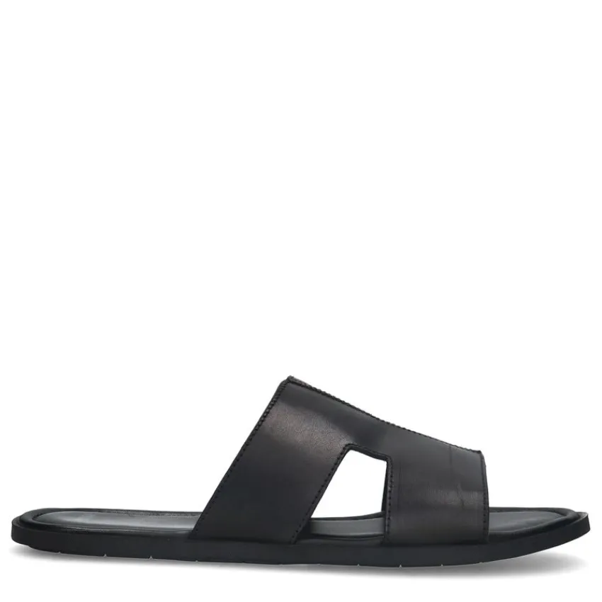 Manfield Zwarte leren slippers^Heren Slippers & Sandalen