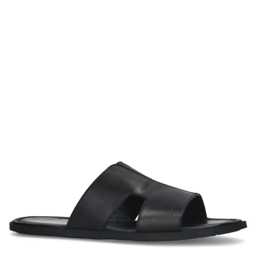 Manfield Zwarte leren slippers^Heren Slippers & Sandalen