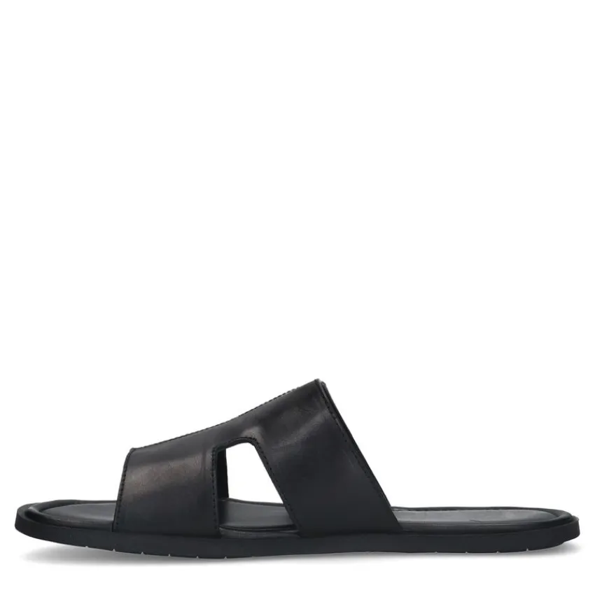 Manfield Zwarte leren slippers^Heren Slippers & Sandalen