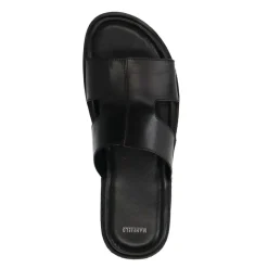 Manfield Zwarte leren slippers^Heren Slippers & Sandalen