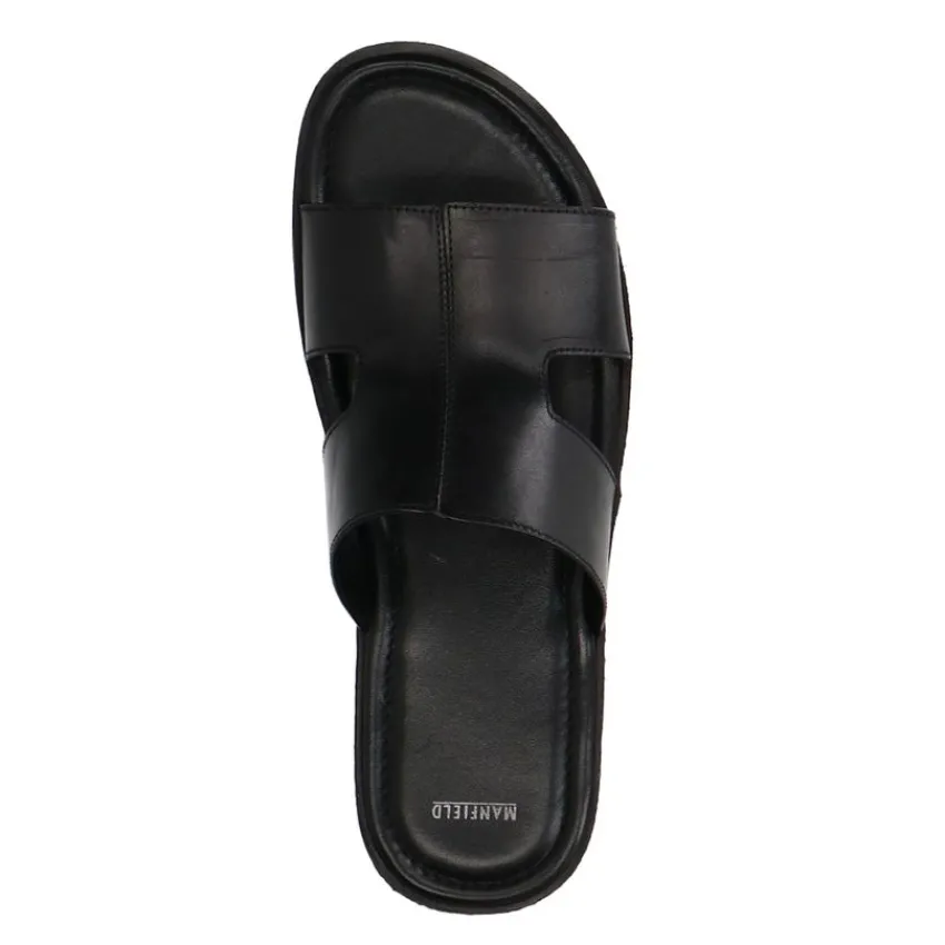 Manfield Zwarte leren slippers^Heren Slippers & Sandalen