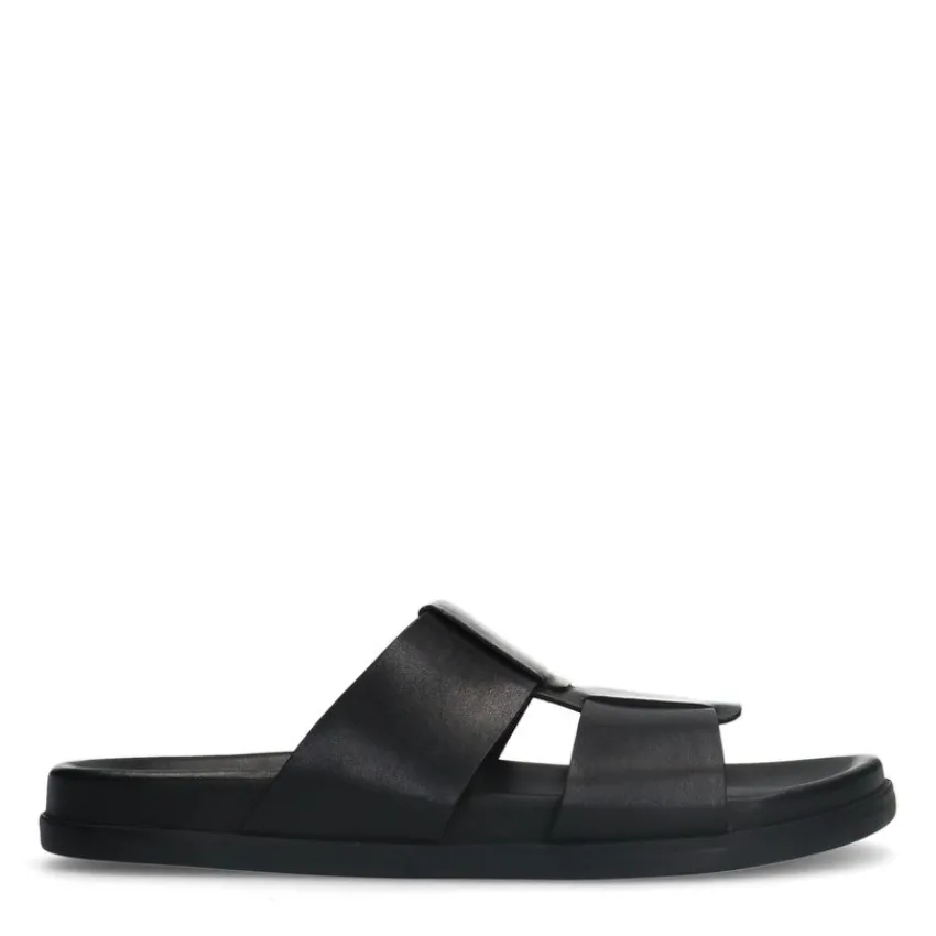 Manfield Zwarte leren slippers^Heren Slippers & Sandalen
