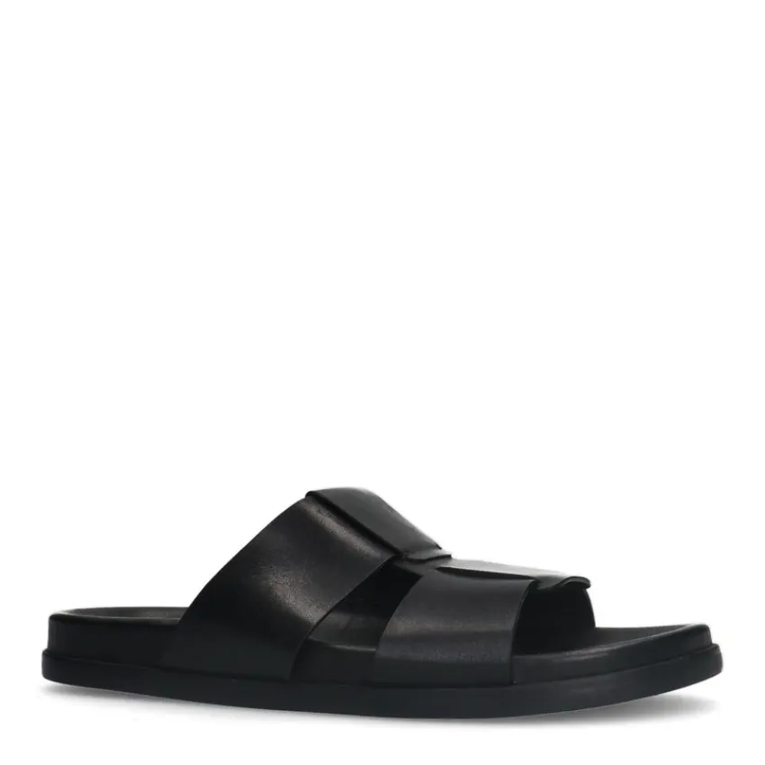 Manfield Zwarte leren slippers^Heren Slippers & Sandalen