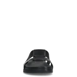 Manfield Zwarte leren slippers^Heren Slippers & Sandalen
