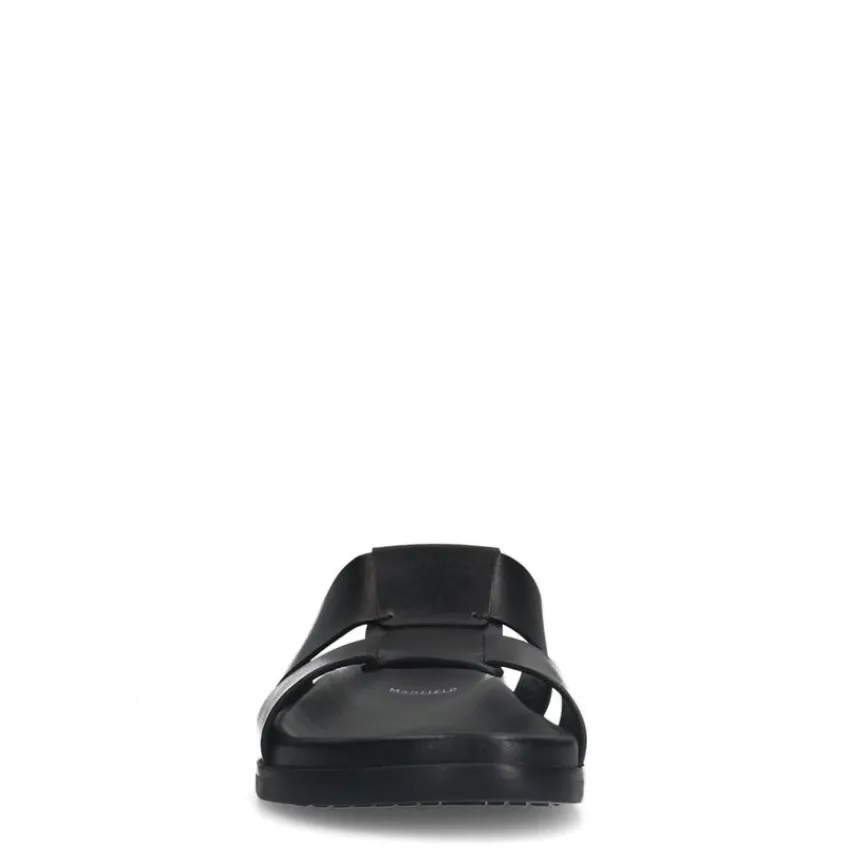 Manfield Zwarte leren slippers^Heren Slippers & Sandalen