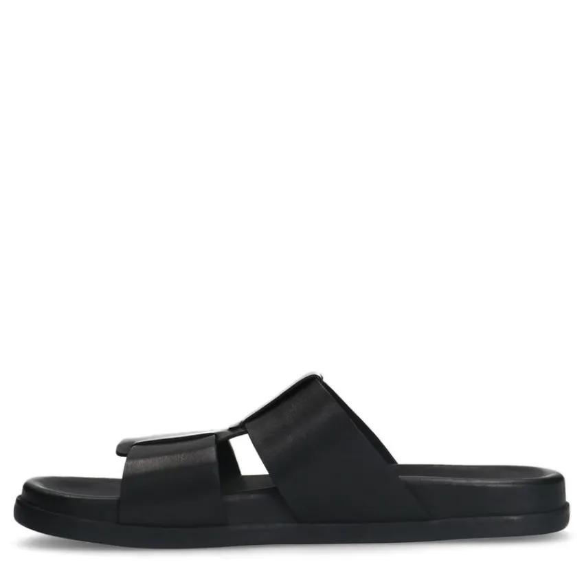 Manfield Zwarte leren slippers^Heren Slippers & Sandalen