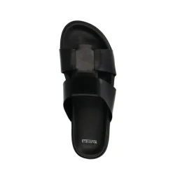 Manfield Zwarte leren slippers^Heren Slippers & Sandalen