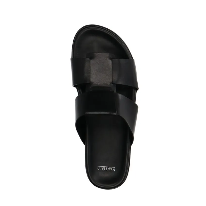 Manfield Zwarte leren slippers^Heren Slippers & Sandalen