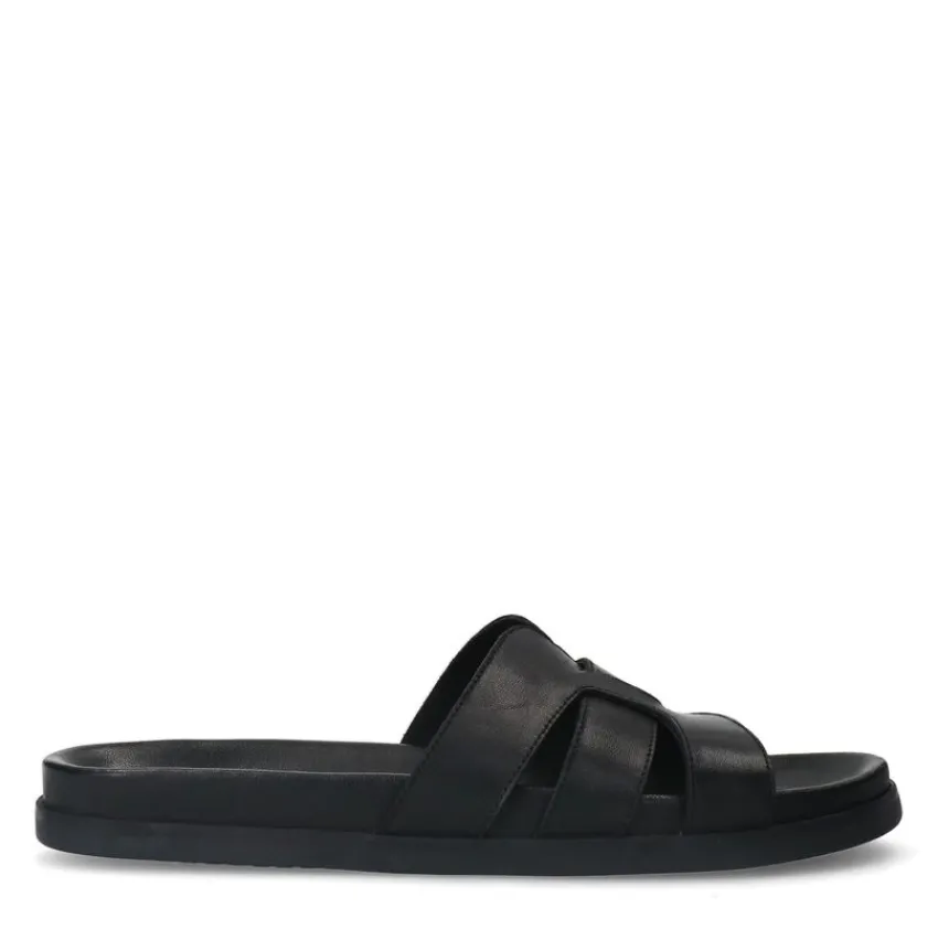 Manfield Zwarte leren slippers^Heren Slippers & Sandalen