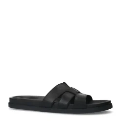 Manfield Zwarte leren slippers^Heren Slippers & Sandalen