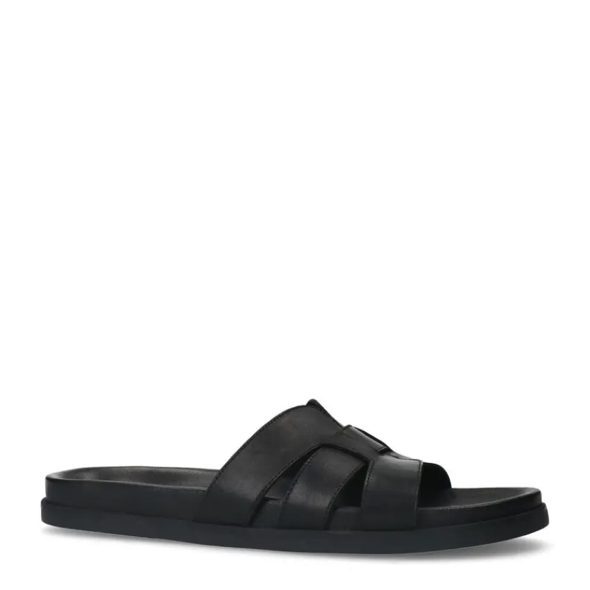 Manfield Zwarte leren slippers^Heren Slippers & Sandalen