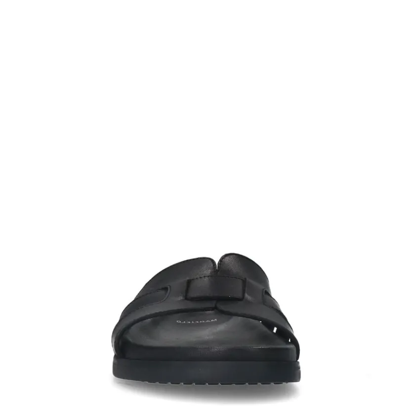 Manfield Zwarte leren slippers^Heren Slippers & Sandalen