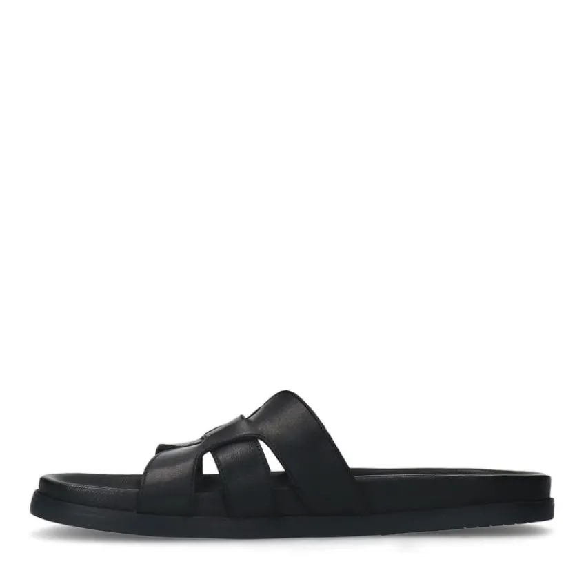 Manfield Zwarte leren slippers^Heren Slippers & Sandalen