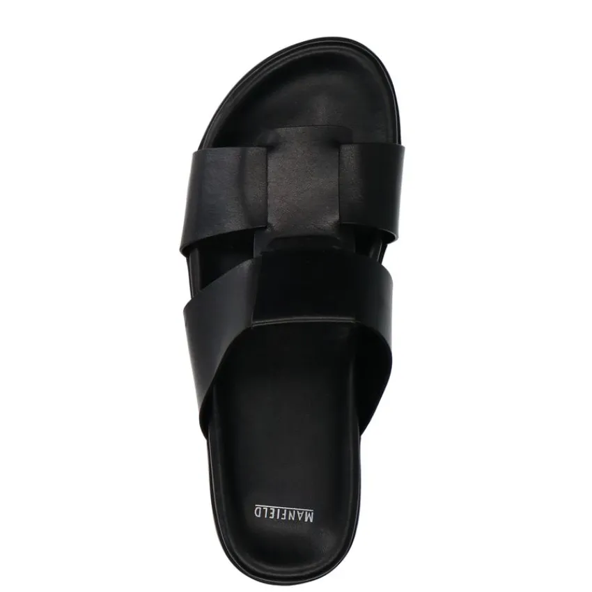 Manfield Zwarte leren slippers^Heren Slippers & Sandalen
