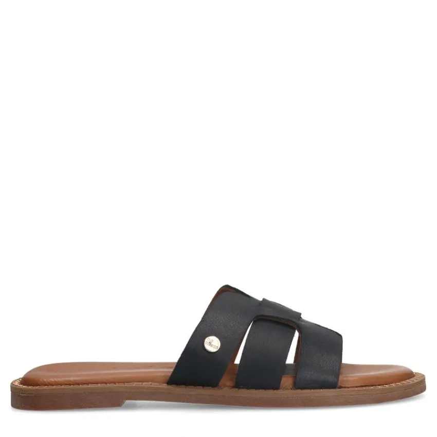 No Stress Zwarte leren slippers^DAMES Slippers