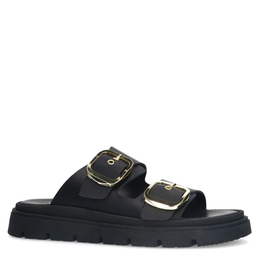 Manfield Zwarte leren slippers met gesp^DAMES Slippers