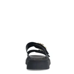 Manfield Zwarte leren slippers met gesp^DAMES Slippers