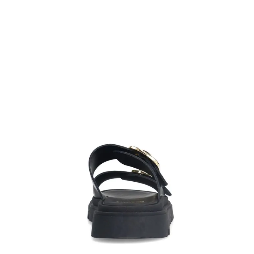 Manfield Zwarte leren slippers met gesp^DAMES Slippers