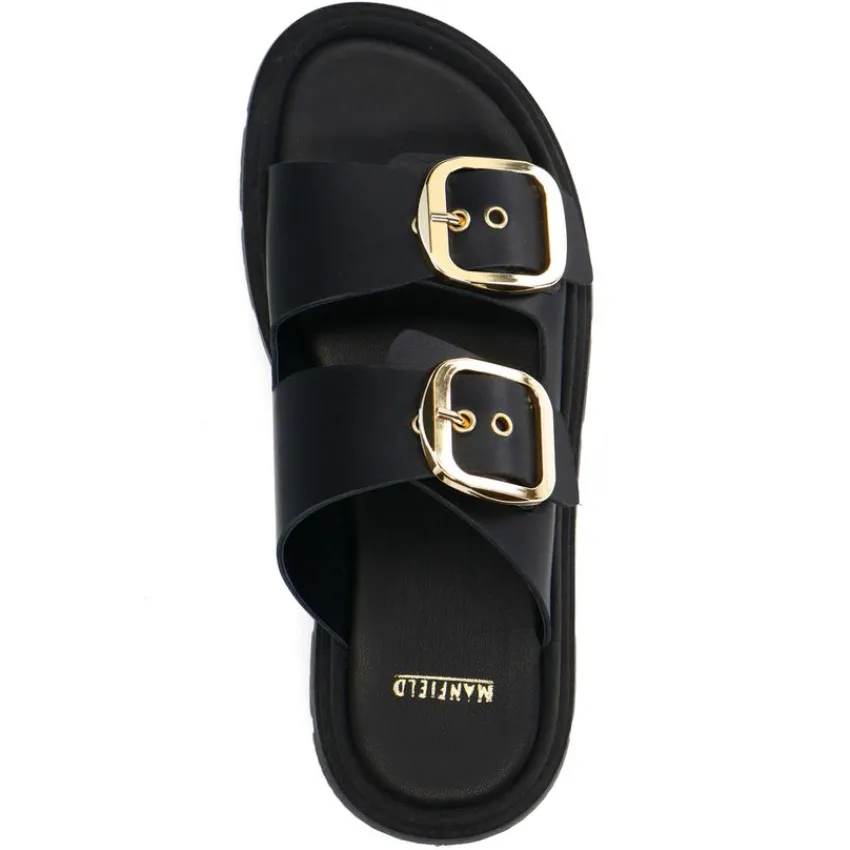 Manfield Zwarte leren slippers met gesp^DAMES Slippers