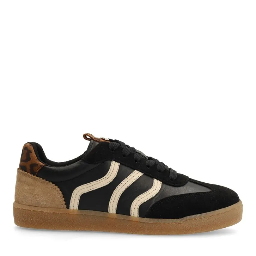 No Stress Zwarte leren sneakers met leopard details^DAMES Sneakers