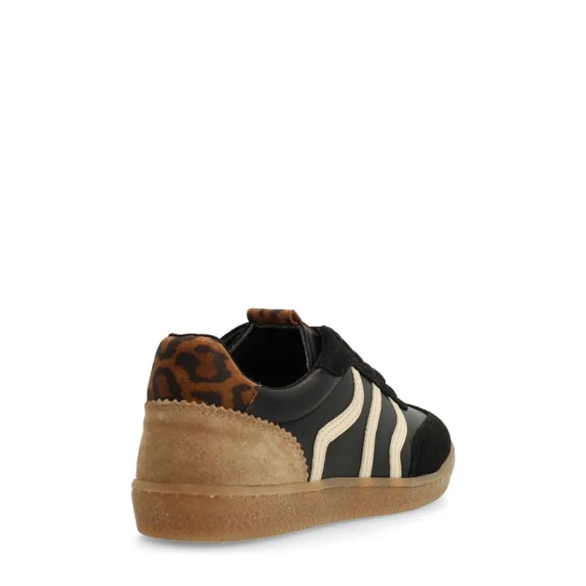No Stress Zwarte leren sneakers met leopard details^DAMES Sneakers