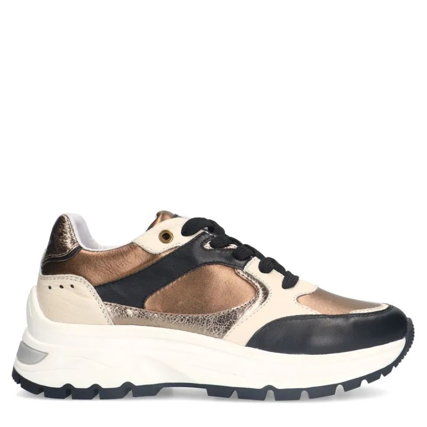 Manfield Zwarte leren sneakers met bronzen details^DAMES Sneakers