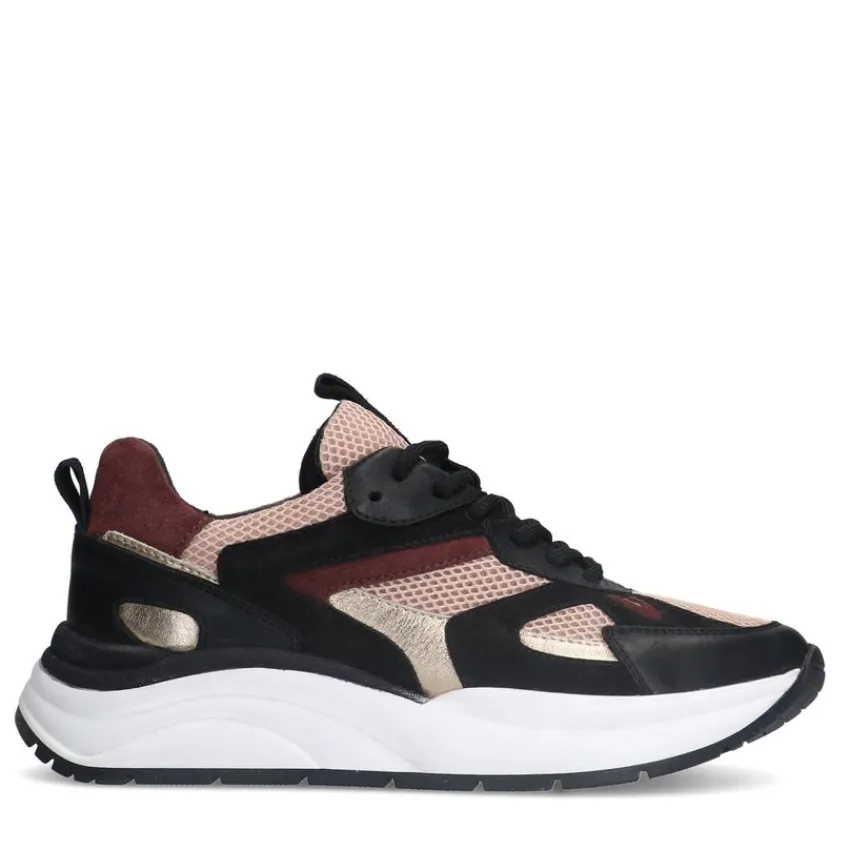 Manfield Zwarte leren sneakers met roze details^DAMES Sneakers