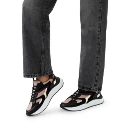 Manfield Zwarte leren sneakers met roze details^DAMES Sneakers