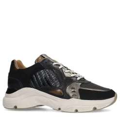 Manfield Zwarte leren sneakers met suède details^DAMES Sneakers