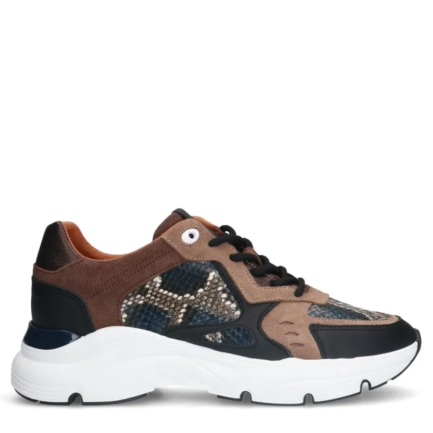 Manfield Zwarte leren sneakers met slangenprint^DAMES Sneakers