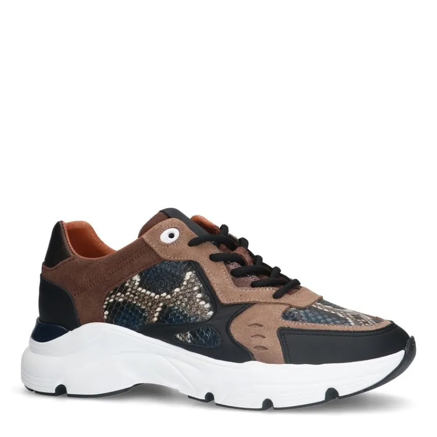 Manfield Zwarte leren sneakers met slangenprint^DAMES Sneakers