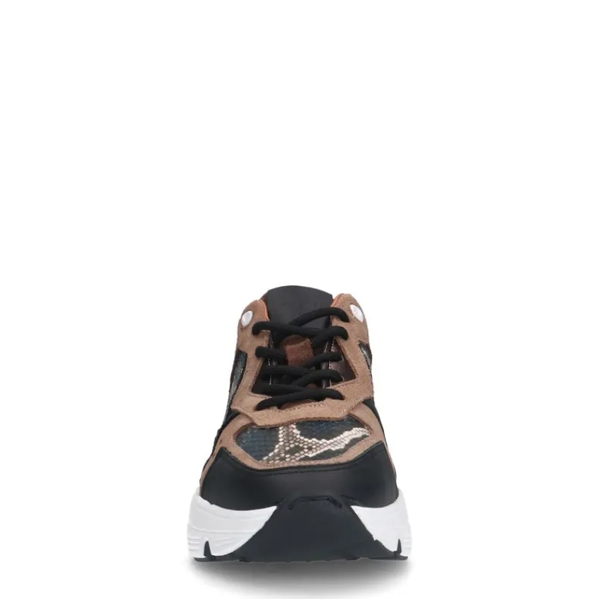 Manfield Zwarte leren sneakers met slangenprint^DAMES Sneakers