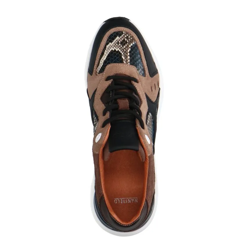 Manfield Zwarte leren sneakers met slangenprint^DAMES Sneakers