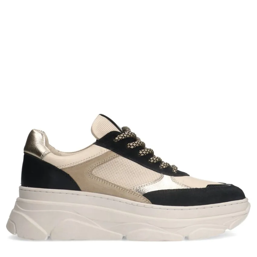 Manfield Zwarte leren sneakers met suède details^DAMES Sneakers