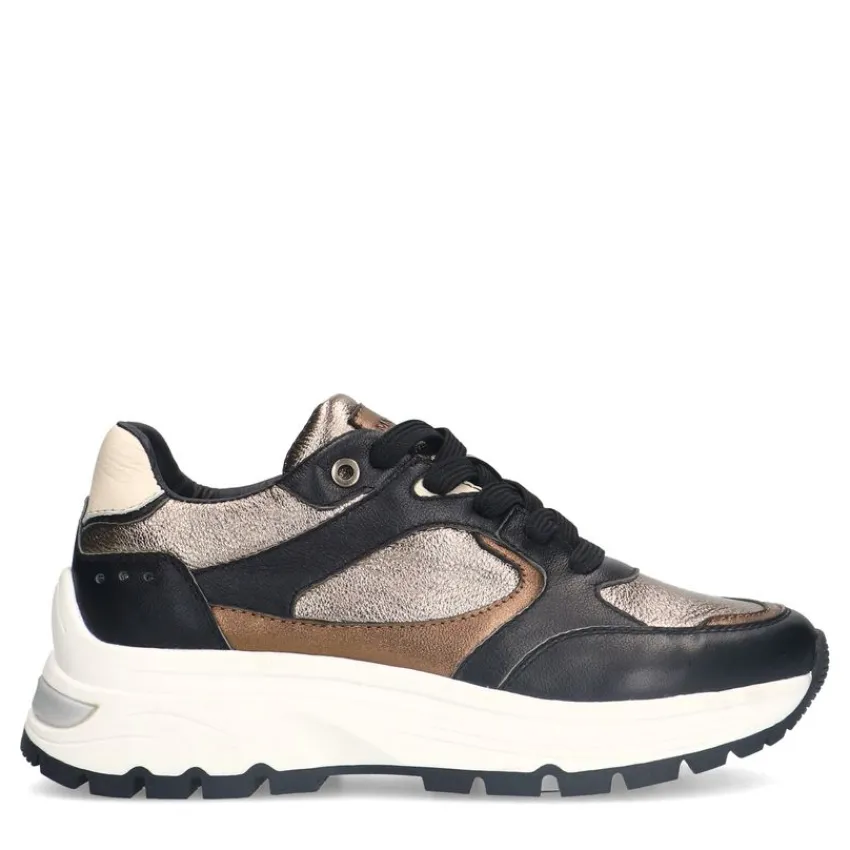 Manfield Zwarte leren sneakers met gouden details^DAMES Sneakers