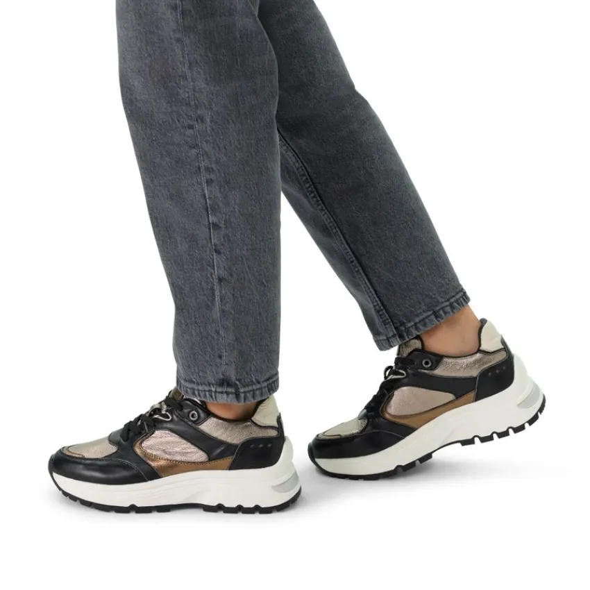 Manfield Zwarte leren sneakers met gouden details^DAMES Sneakers