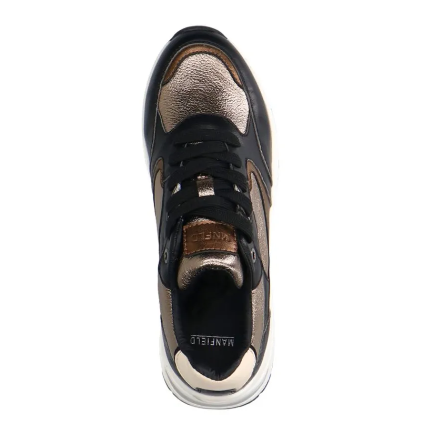 Manfield Zwarte leren sneakers met gouden details^DAMES Sneakers